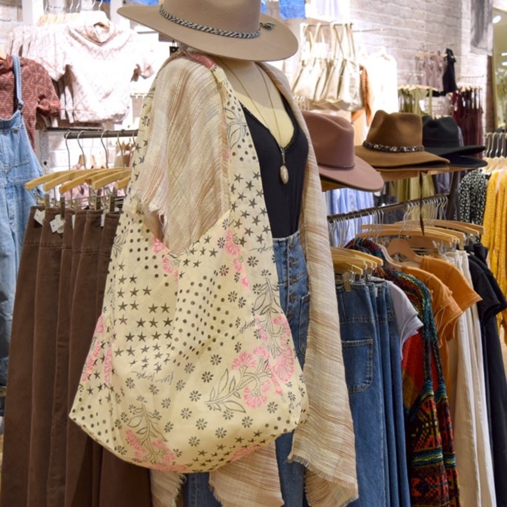 Free People Floral, Star, Dot Lightweight Gauze Hobo Shopping Tote Reusable Bag